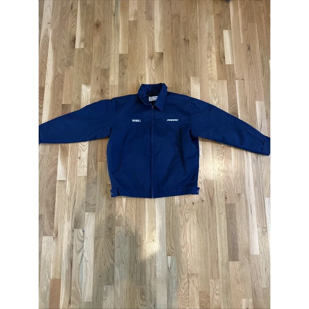 Vintage Aramark Light Navy Blue Insulated Quilted Lined Work Mechanic Jacket Med